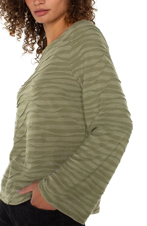 Womens Liverpool Los Angeles Tees FLARED SLEEVE BOAT NECK KNIT TOP Spanish Olive Stripe
