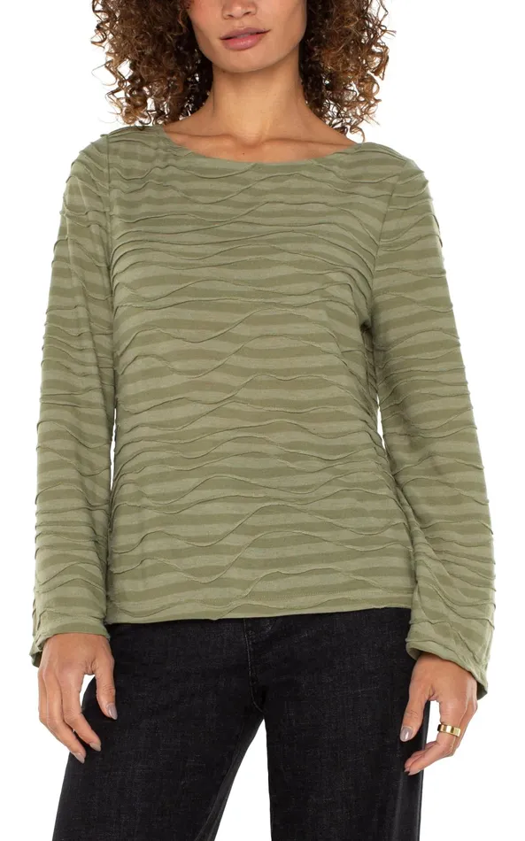 Womens Liverpool Los Angeles Tees FLARED SLEEVE BOAT NECK KNIT TOP Spanish Olive Stripe