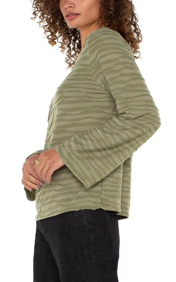 Womens Liverpool Los Angeles Tees FLARED SLEEVE BOAT NECK KNIT TOP Spanish Olive Stripe