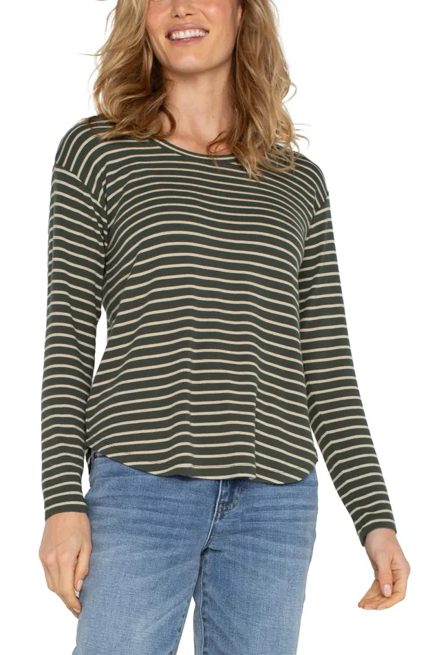 Womens Liverpool Los Angeles Tees LONG SLEEVE SCOOP NECK TOP Moss Green Stripe