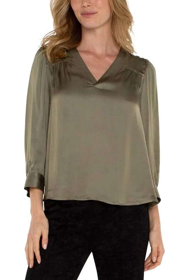 Womens Liverpool Los Angeles Tops LONG SLEEVE PLEATED NECK WOVEN BLOUSE Spanish Olive Womens Liverpool Los Angeles Tops LONG SLEEVE PLEATED NECK WOVEN BLOUSE Spanish Olive