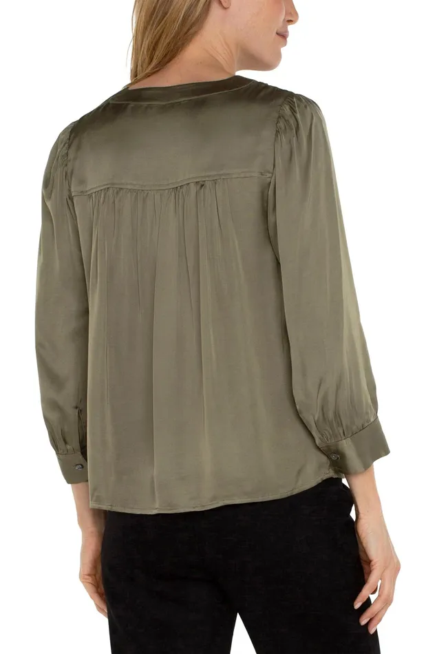 Womens Liverpool Los Angeles Tops LONG SLEEVE PLEATED NECK WOVEN BLOUSE Spanish Olive