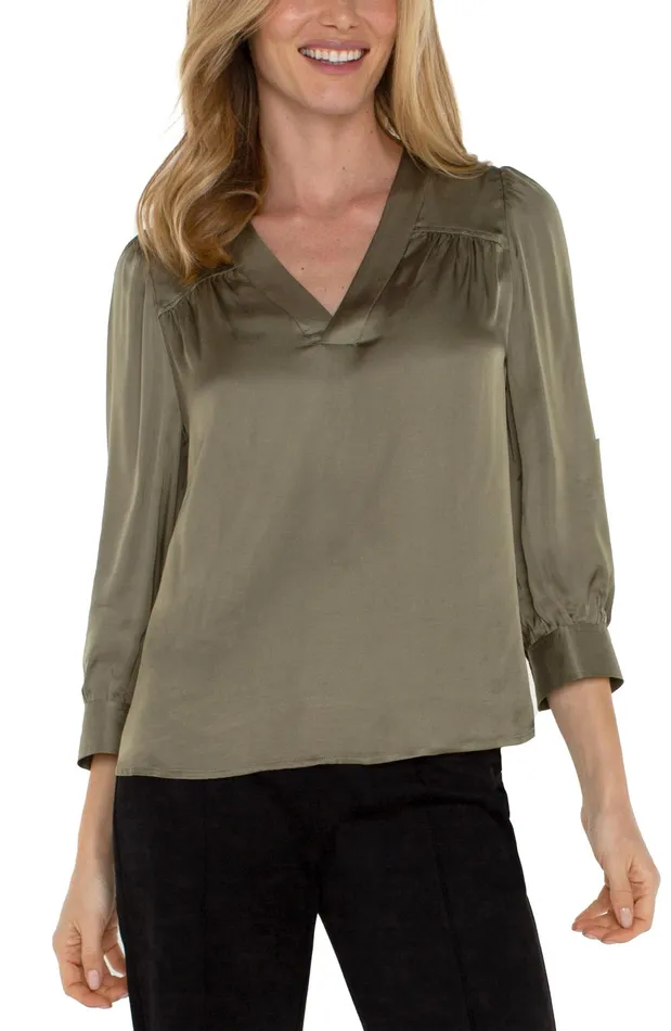 Womens Liverpool Los Angeles Tops LONG SLEEVE PLEATED NECK WOVEN BLOUSE Spanish Olive