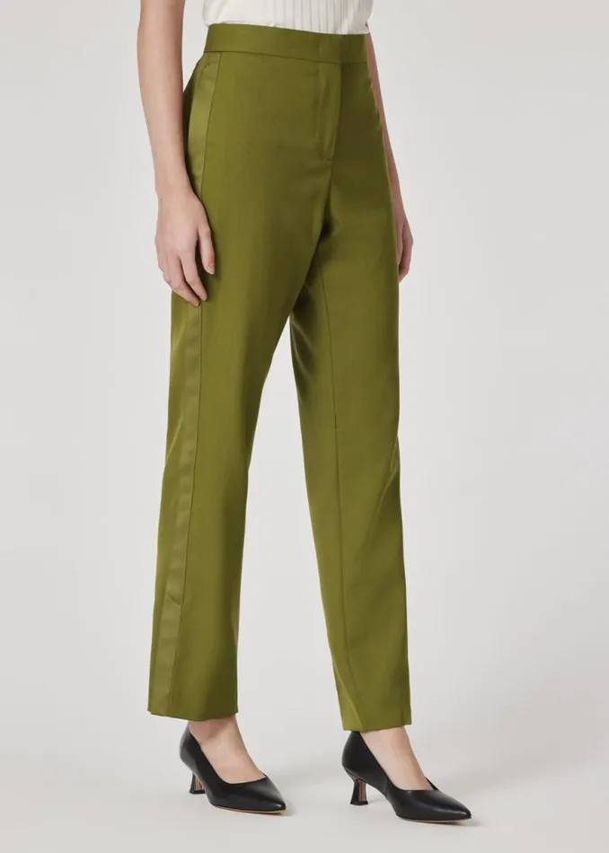 Womens Paul Smith Pants Olive Green Wool Satin Trim Trousers