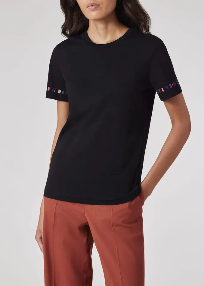 Womens Paul Smith Tops Black 039Swirl039 Stripe Sleeve Embroidered TShirt
