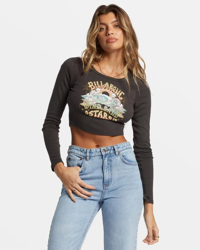 Womens Stars In Your Eyes Long Sleeve Cropped Tshirt Off Black Billabong Graphic Tees and Tanks