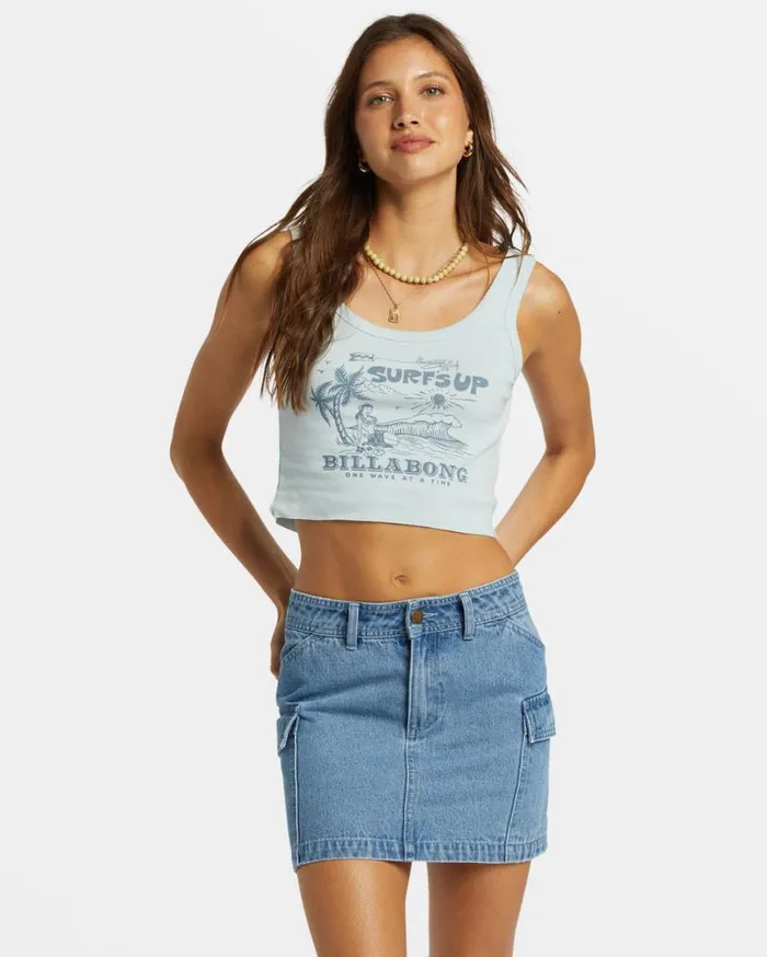 Womens Surfs Up Cropped Tank Top Dusk Blue Billabong Graphic Tees and Tanks