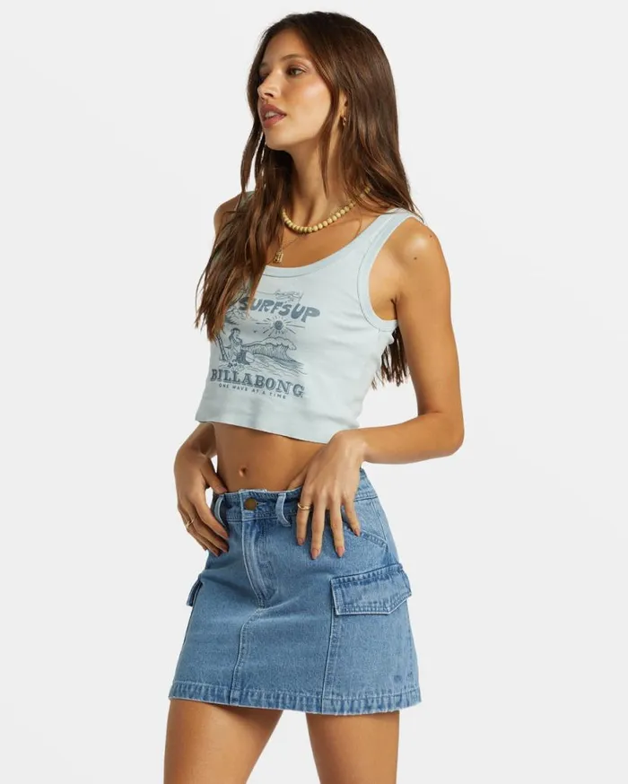 Womens Surfs Up Cropped Tank Top Dusk Blue Billabong Graphic Tees and Tanks